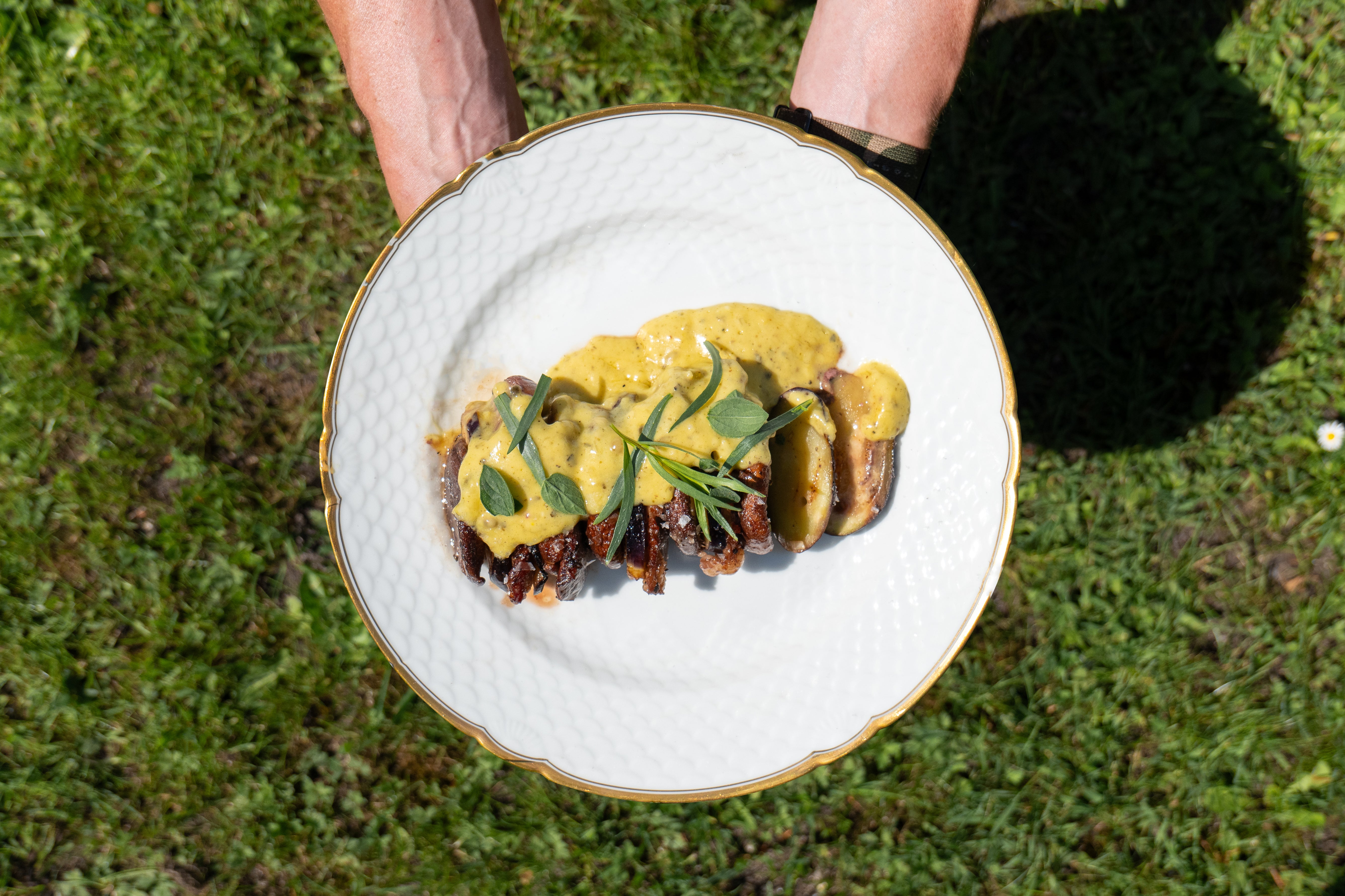 Thomas Rode's Grilled Duck Breast & Shiitake Skewers with Madagascar Pepper Hollandaise