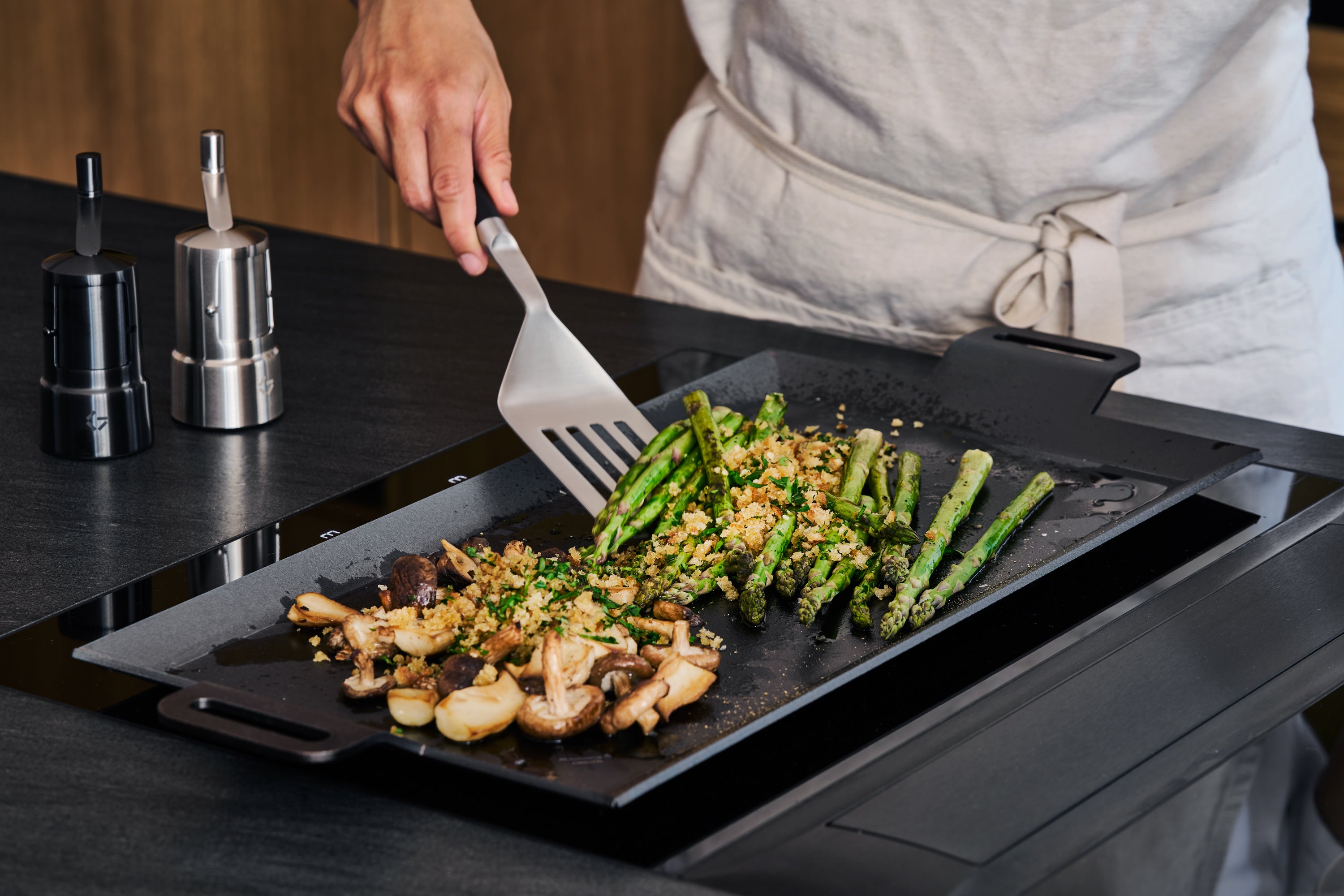 Green asparagus and mushrooms with crispy herb crumbs